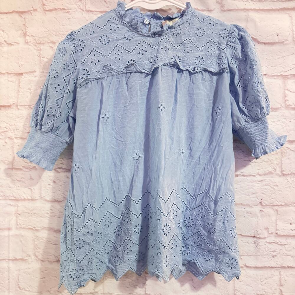 Industry light blue cotton eyelet Short sleeve blouse lightweight sz S